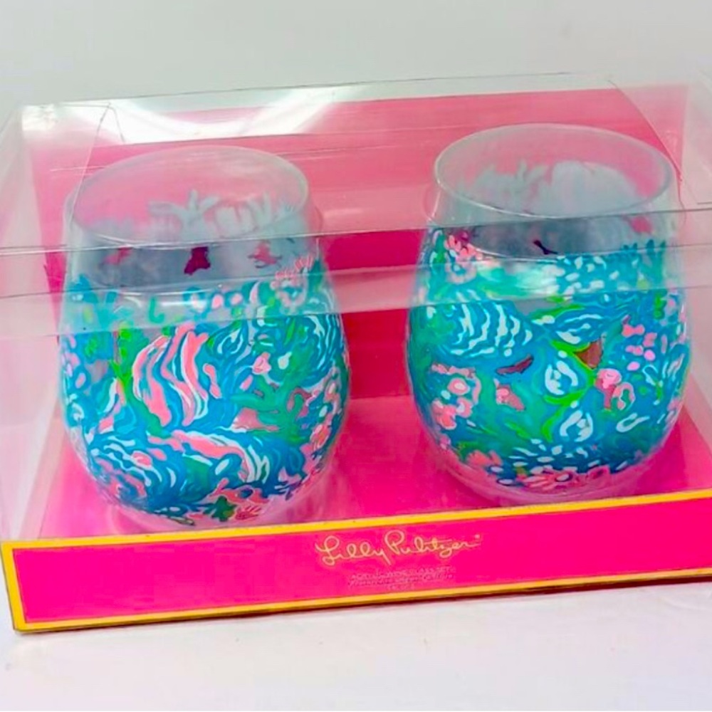 NEW Lilly Pulitzer Acrylic Stemless Wine Glasses Set Of 2